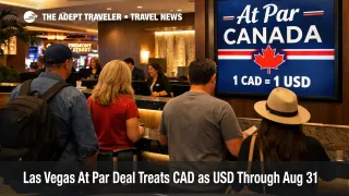 Las Vegas At Par deal check in desk scene showing Canadian pricing relief for rooms and select perks through Aug 31, 2026