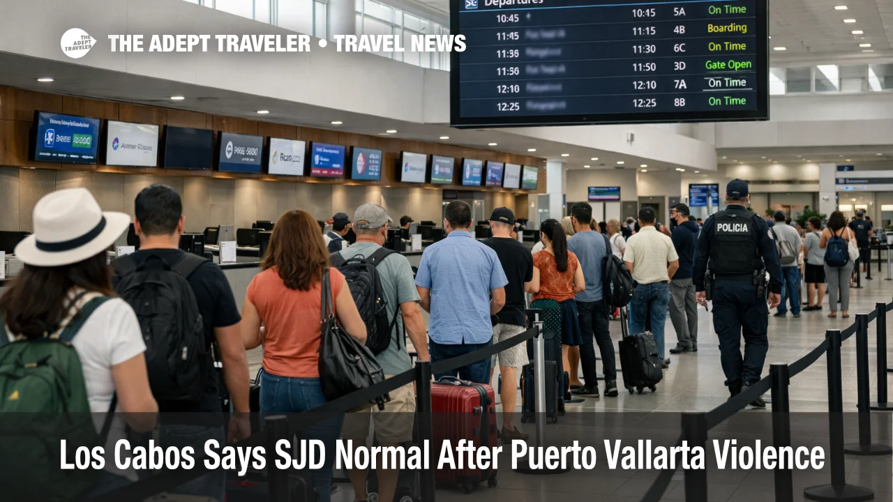 Los Cabos airport status, calm check in hall at Los Cabos International Airport (SJD) after western Mexico unrest