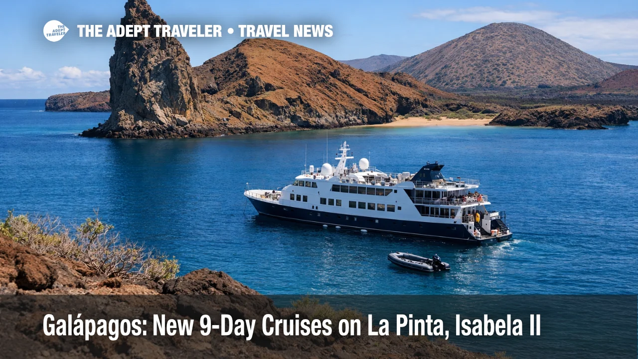 Galápagos 9-day cruises, an expedition yacht off Bartolomé with Zodiac tender ready for landings