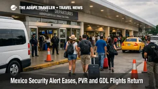 Mexico security alert update as travelers arrive at Puerto Vallarta airport curbside during resumed flight operations