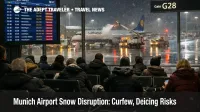 Munich Airport snow disruption shows late night gate crowds, delay boards, and deicing trucks during curfew risk