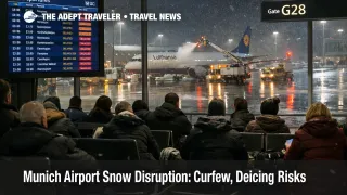 Munich Airport snow disruption shows late night gate crowds, delay boards, and deicing trucks during curfew risk