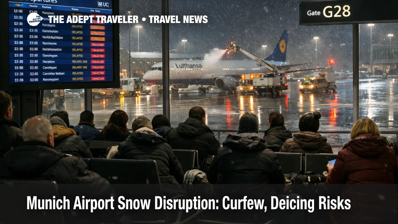 Munich Airport snow disruption shows late night gate crowds, delay boards, and deicing trucks during curfew risk