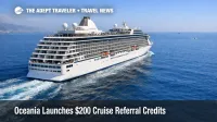 Oceania Club Ambassador Program referral credit context, Oceania ship underway at sea with clear skies and wake