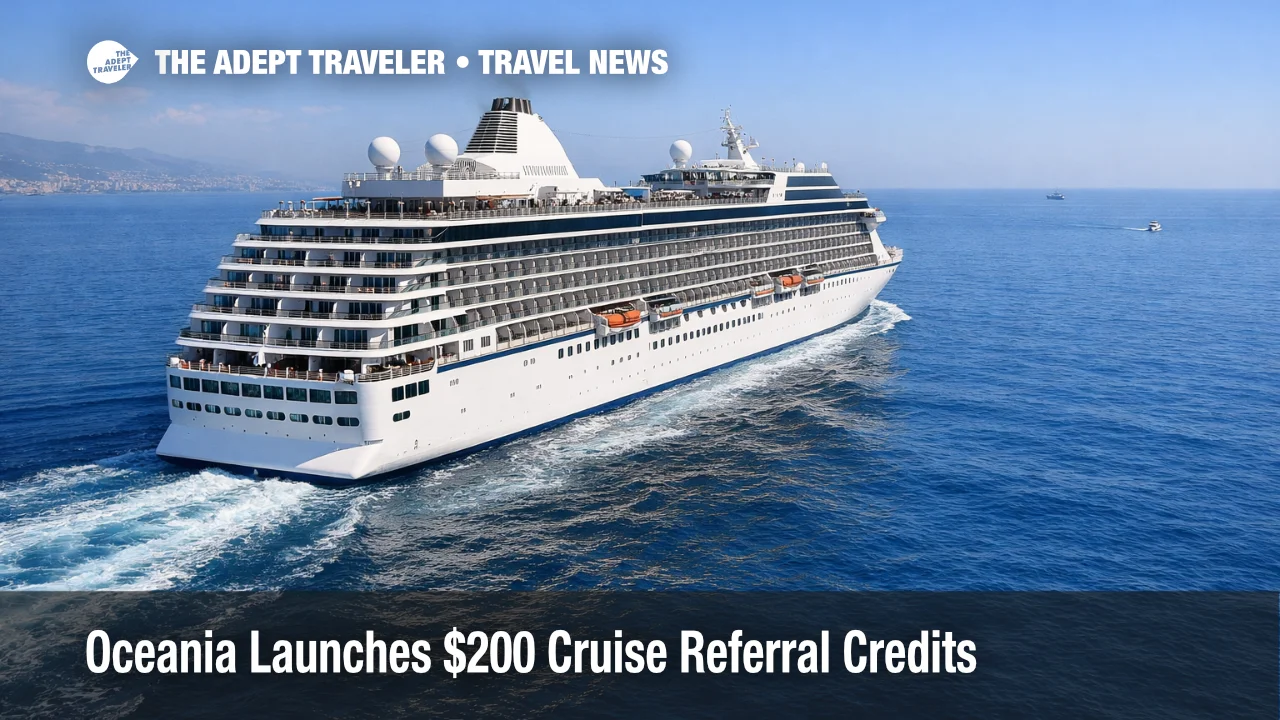 Oceania Club Ambassador Program referral credit context, Oceania ship underway at sea with clear skies and wake