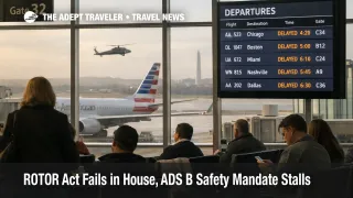 ROTOR Act House vote delays ADS B In requirement, travelers wait at Reagan National as flights show delays on screens