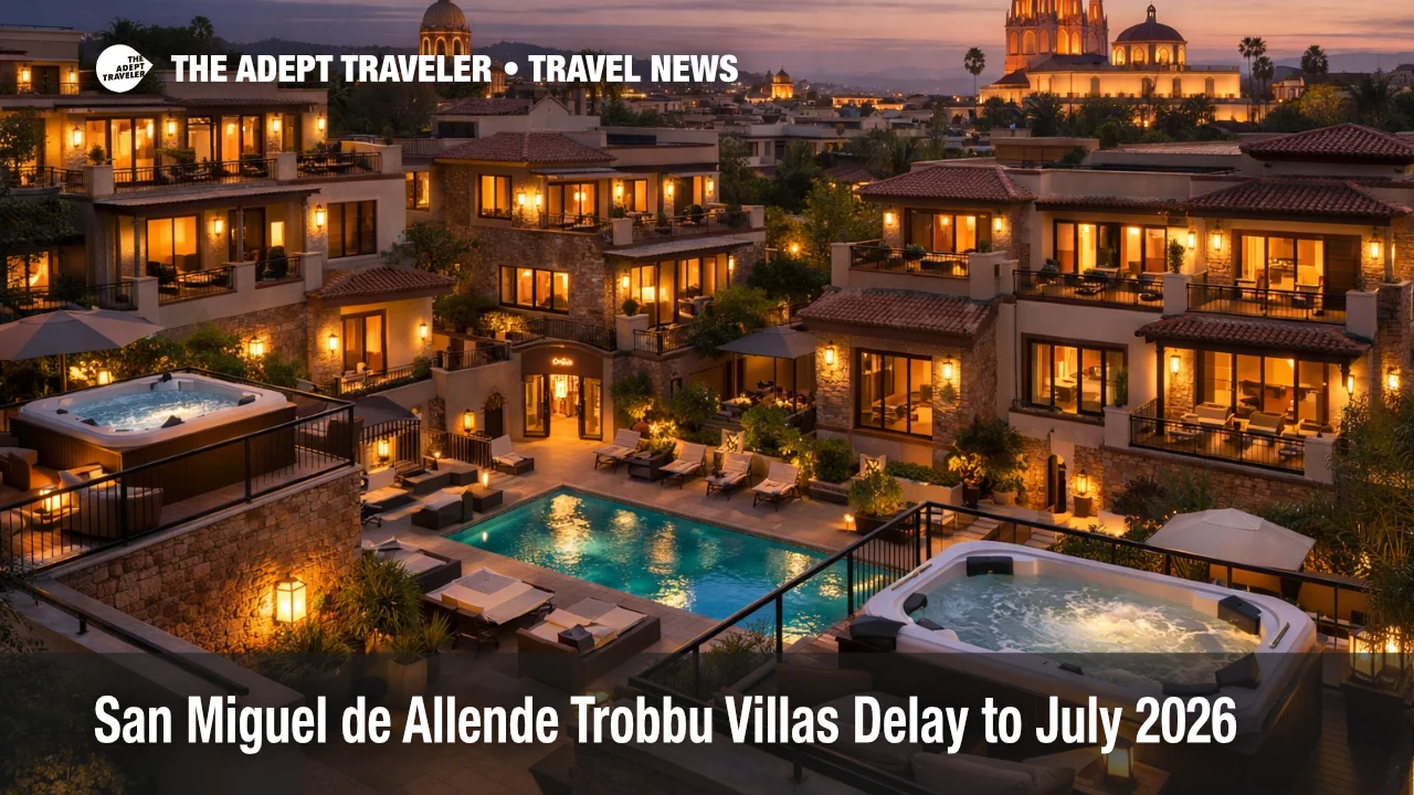 Trobbu San Miguel de Allende opening delay, rooftop villa terraces with jacuzzis near Jardín Allende