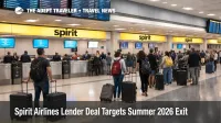 Spirit bankruptcy exit plan, travelers queue at Spirit check in counters at Fort Lauderdale Hollywood Airport