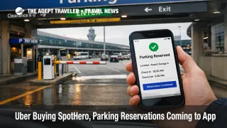 Airport garage entrance with Uber SpotHero parking reservations shown on a phone, hinting at in app booking for flights
