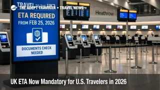 UK ETA requirement signage at Heathrow check in, kiosks and document screens show Feb 25, 2026 enforcement