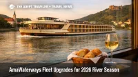AmaWaterways fleet upgrades for 2026 shown on a Danube river ship with warm exterior tones and a lounge table set with bread