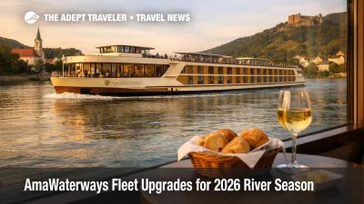 AmaWaterways fleet upgrades for 2026 shown on a Danube river ship with warm exterior tones and a lounge table set with bread