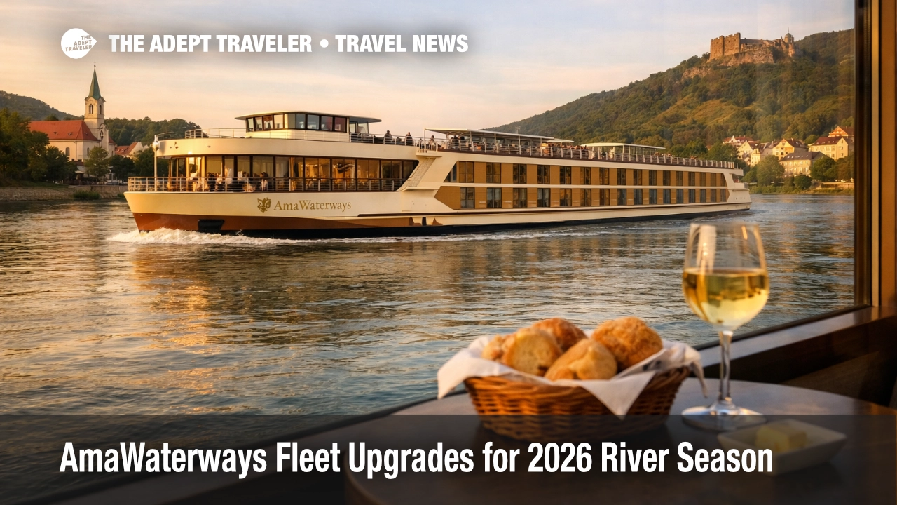 AmaWaterways fleet upgrades for 2026 shown on a Danube river ship with warm exterior tones and a lounge table set with bread