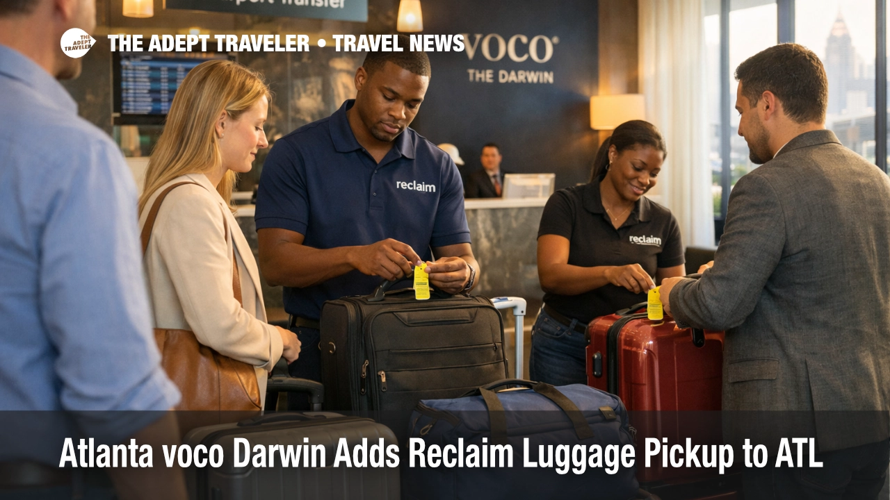 Travelers use Atlanta hotel luggage pickup at voco The Darwin as reclaim tags bags for Hartsfield-Jackson ATL