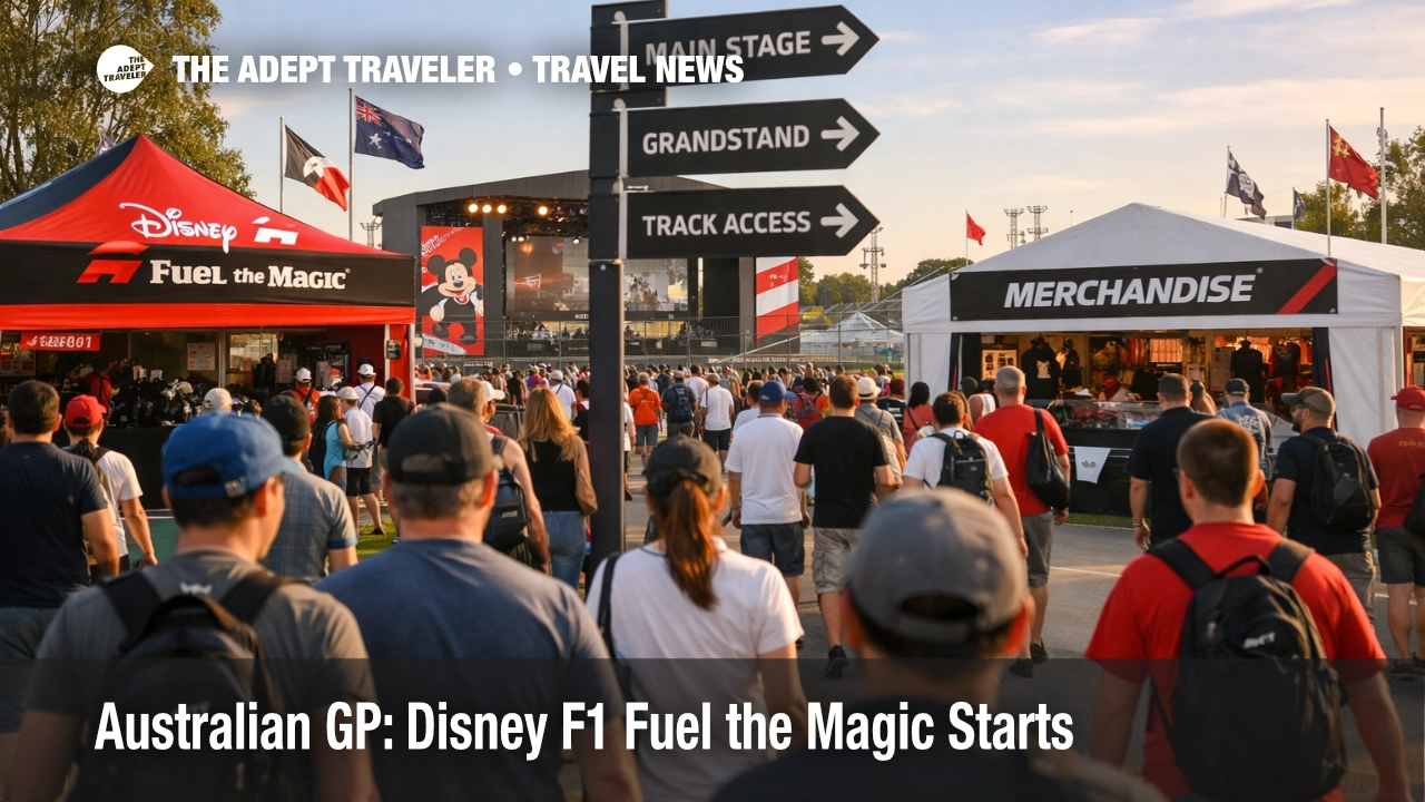 Disney F1 Fuel the Magic fan zone pop up at the Australian Grand Prix in Melbourne with crowds and trackside retail