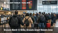 Brussels Airport March 12 strike scene, BRU check in queues and cancellations board signaling heavy disruptions