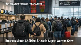 Brussels Airport March 12 strike scene, BRU check in queues and cancellations board signaling heavy disruptions