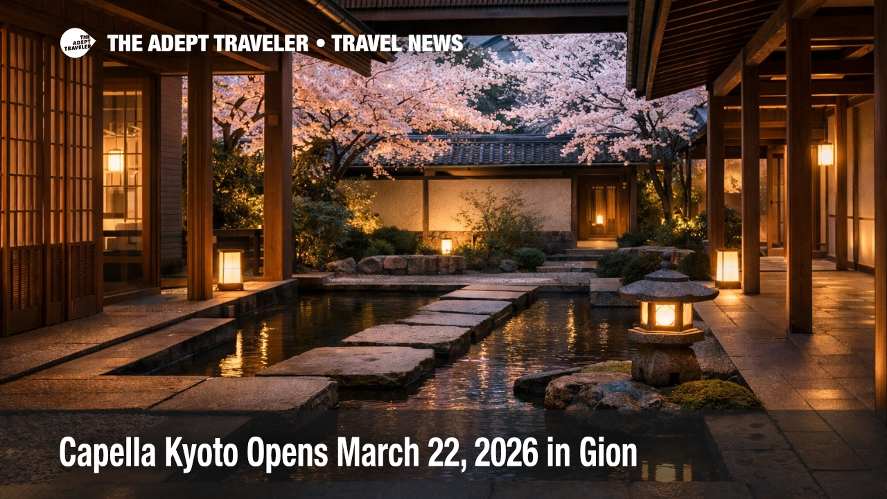 Courtyard at Capella Kyoto in Gion during sakura season, illustrating the Capella Kyoto opening March 2026