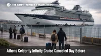 Celebrity Infinity cruise canceled scene at Piraeus, travelers with luggage outside the terminal under overcast skies