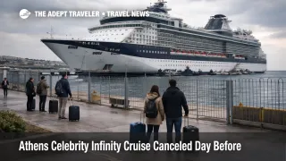 Celebrity Infinity cruise canceled scene at Piraeus, travelers with luggage outside the terminal under overcast skies