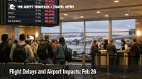 Feb 26 flight delays at Atlanta airport show on a departures board as travelers wait under low clouds and storms