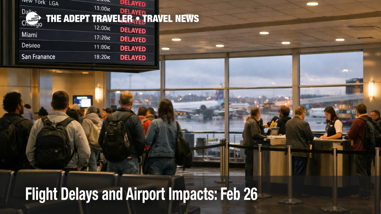 Feb 26 flight delays at Atlanta airport show on a departures board as travelers wait under low clouds and storms