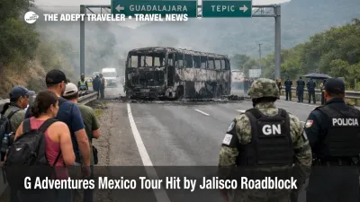 G Adventures Mexico tour disruption, traffic halted on a Jalisco highway corridor between Puerto Vallarta and Guadalajara