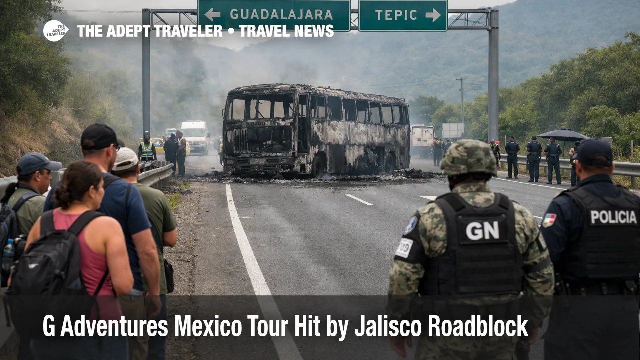 G Adventures Mexico tour disruption, traffic halted on a Jalisco highway corridor between Puerto Vallarta and Guadalajara