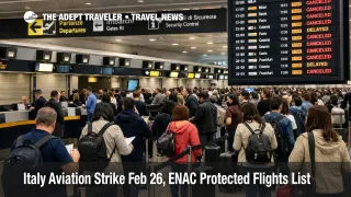 Italy aviation strike Feb 26, queues at Rome Fiumicino check in as departure screens show cancellations and delays