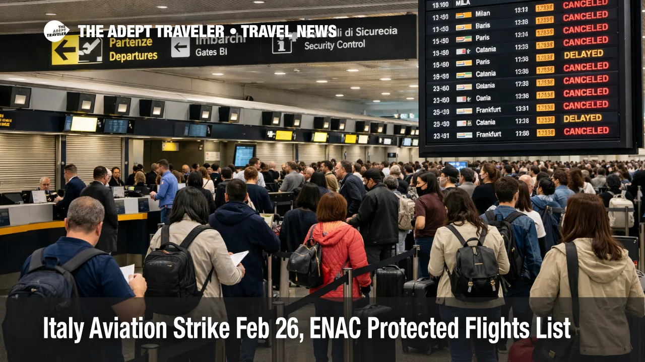 Italy aviation strike Feb 26, queues at Rome Fiumicino check in as departure screens show cancellations and delays