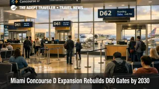 Miami Concourse D expansion at MIA, travelers waiting at indoor gates replacing D60 tarmac boarding