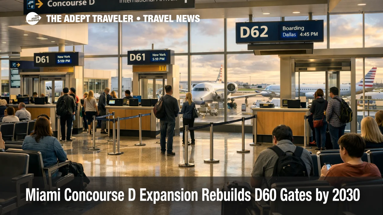 Miami Concourse D expansion at MIA, travelers waiting at indoor gates replacing D60 tarmac boarding