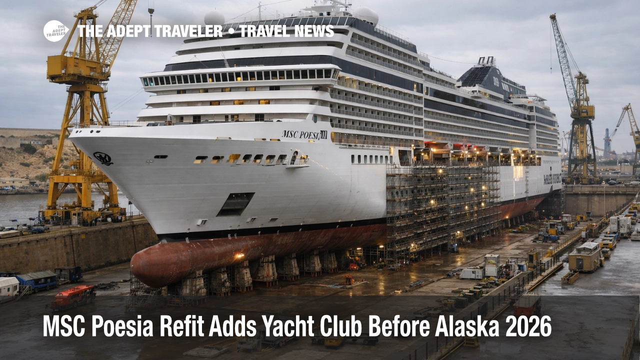 MSC Poesia refurbishment in Malta dry dock, shipyard scene showing upgrades before Alaska 2026 sailings