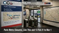 Paris Metro closures at La Fourche, with service notice boards and signage indicating replacement buses for Line 13