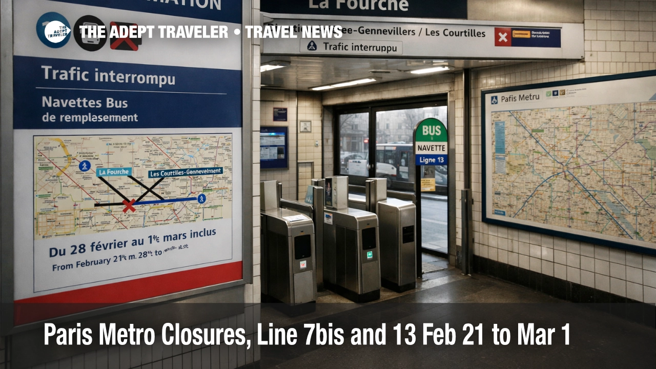 Paris Metro closures at La Fourche, with service notice boards and signage indicating replacement buses for Line 13