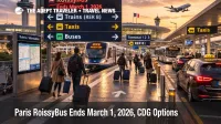 Paris RoissyBus ends March 2026, CDG ground transport signs point travelers to rail, taxis, and buses