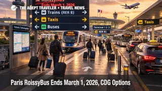 Paris RoissyBus ends March 2026, CDG ground transport signs point travelers to rail, taxis, and buses