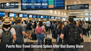 Puerto Rico travel demand surge cues at San Juan airport, with check in lines and a busy departures board