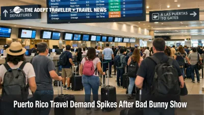 Puerto Rico travel demand surge cues at San Juan airport, with check in lines and a busy departures board