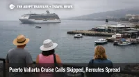 Puerto Vallarta cruise calls skipped as a ship holds offshore, and travelers watch tender boats near the port