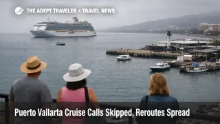 Puerto Vallarta cruise calls skipped as a ship holds offshore, and travelers watch tender boats near the port