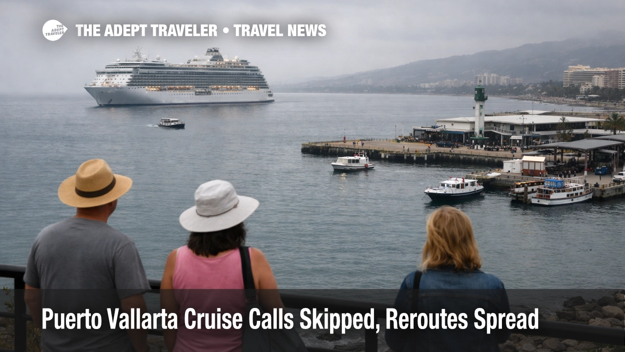 Puerto Vallarta cruise calls skipped as a ship holds offshore, and travelers watch tender boats near the port