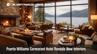 Cormorant at 55 South hotel lounge in Puerto Williams, Chile, with warm wood interiors and Beagle Channel views