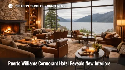 Cormorant at 55 South hotel lounge in Puerto Williams, Chile, with warm wood interiors and Beagle Channel views