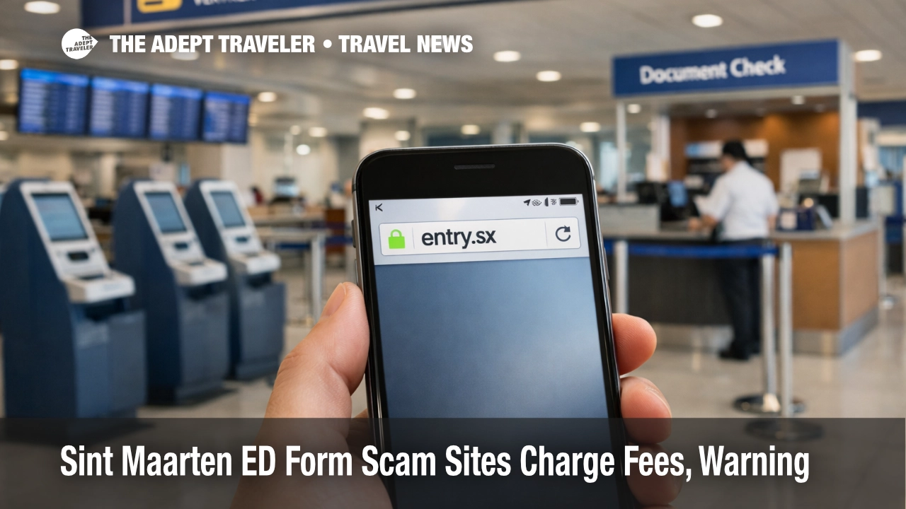 Sint Maarten ED form reminder at SXM, traveler verifies entry.sx on a phone before check in to avoid paid scam sites