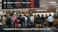 Biman Gulf flights suspended, travelers queue at Dhaka airport rebooking counters under a board showing canceled Gulf departures
