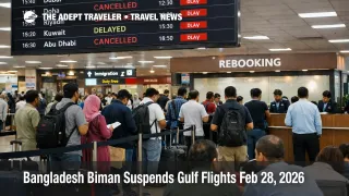 Biman Gulf flights suspended, travelers queue at Dhaka airport rebooking counters under a board showing canceled Gulf departures