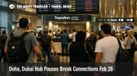 Doha Dubai hub pauses show stranded transfer crowds at DOH with delay boards and reduced onward connections