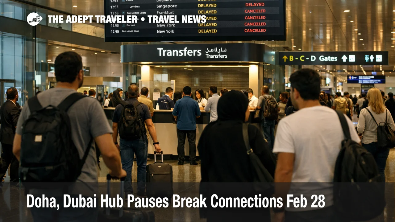 Doha Dubai hub pauses show stranded transfer crowds at DOH with delay boards and reduced onward connections