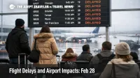 ALT text: Travelers wait under a departures board at JFK during U.S. flight delays Feb 28 amid low ceilings and snow risk